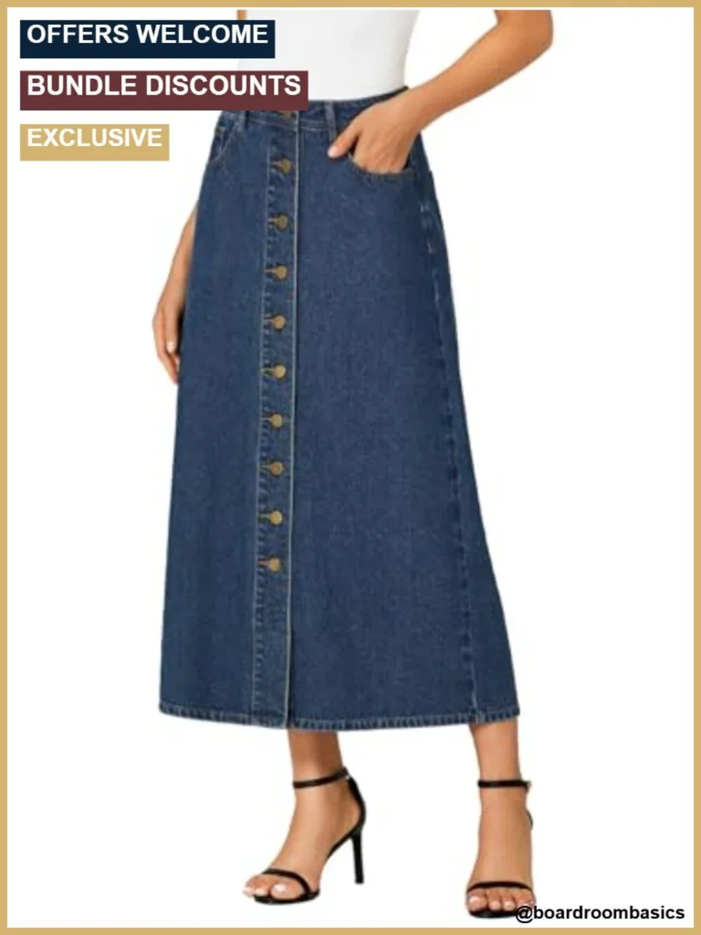 Button Front A-Line Midi Denim Skirt with Pockets